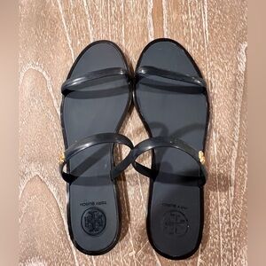 Tory Burch Two Band Double Strap Rubber Jelly Slides Navy Blue Gold Womens Sz 8